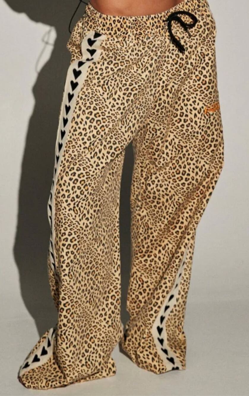 Sabbi Raving Hearts Drill Wide Leg Pants in Leopard Print Tan Beige XS